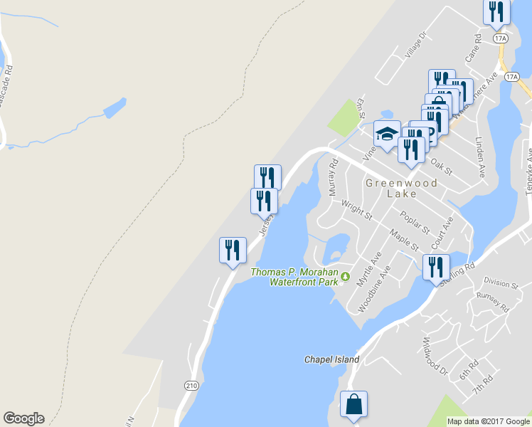 map of restaurants, bars, coffee shops, grocery stores, and more near 653 Jersey Avenue in Greenwood Lake