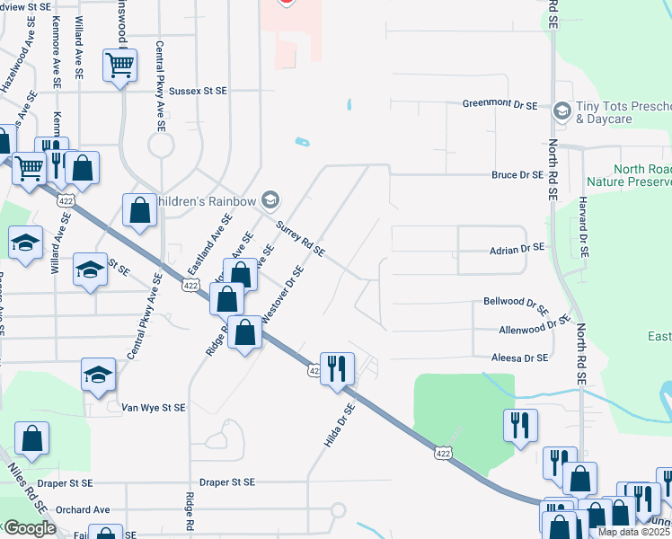 map of restaurants, bars, coffee shops, grocery stores, and more near 1302 Roseway Avenue Southeast in Warren