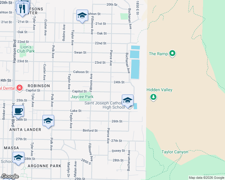 map of restaurants, bars, coffee shops, grocery stores, and more near 1702 Capitol Street in Ogden