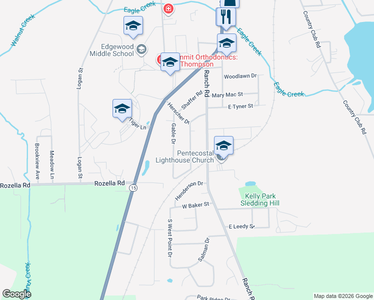 map of restaurants, bars, coffee shops, grocery stores, and more near 1312 Saint Marys Drive in Warsaw