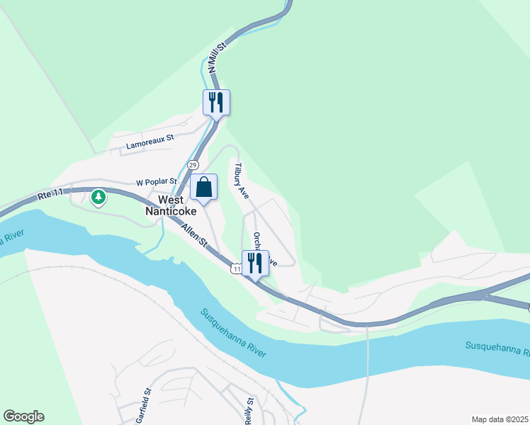 map of restaurants, bars, coffee shops, grocery stores, and more near 53 Tilbury Avenue in Nanticoke