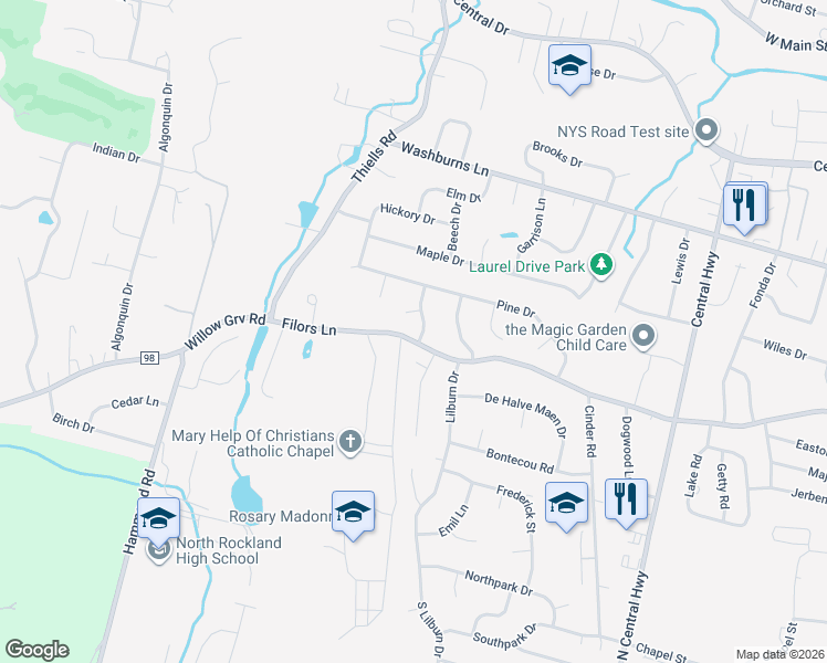 map of restaurants, bars, coffee shops, grocery stores, and more near 2 Tamarac Lane in Stony Point