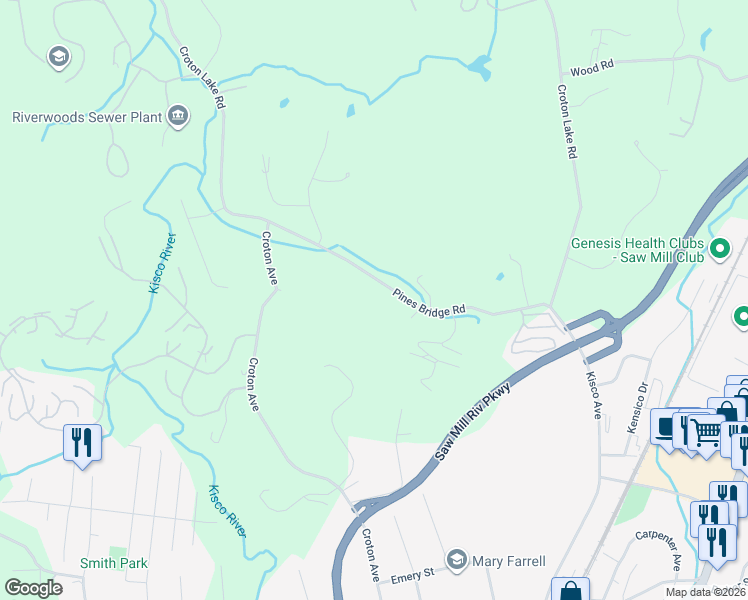 map of restaurants, bars, coffee shops, grocery stores, and more near 90 Pines Bridge Road in Mount Kisco