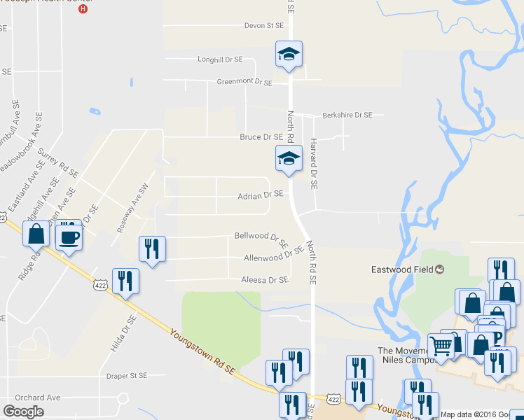 map of restaurants, bars, coffee shops, grocery stores, and more near 4083 Jeanette Drive Southeast in Warren