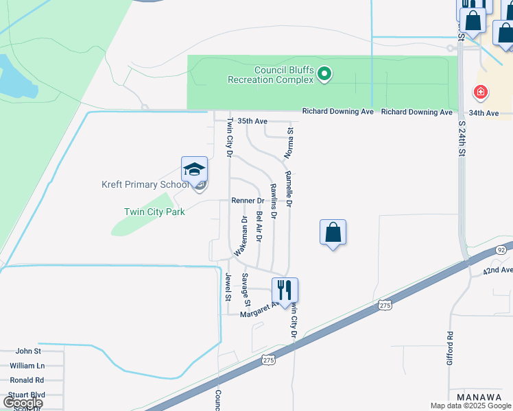 map of restaurants, bars, coffee shops, grocery stores, and more near 3001 Renner Drive in Council Bluffs