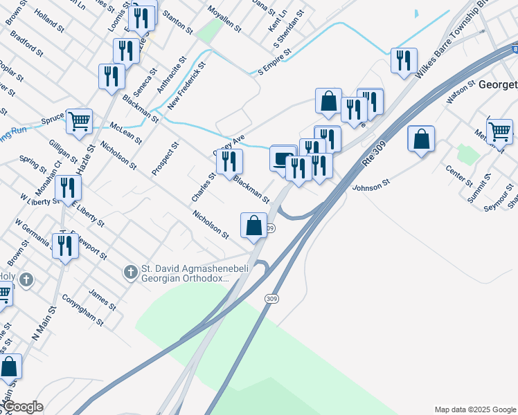 map of restaurants, bars, coffee shops, grocery stores, and more near 635 Blackman Street in Luzerne County