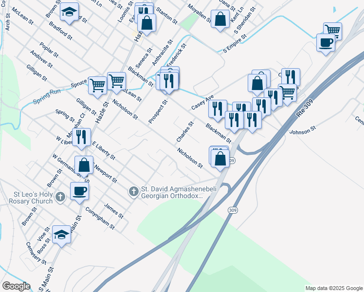 map of restaurants, bars, coffee shops, grocery stores, and more near 144 Nicholson Street in Luzerne County
