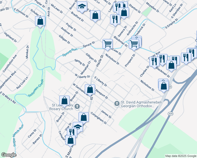 map of restaurants, bars, coffee shops, grocery stores, and more near 24 East Liberty Street in Wilkes-Barre