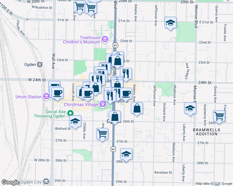 map of restaurants, bars, coffee shops, grocery stores, and more near 2446 Washington Boulevard in Ogden
