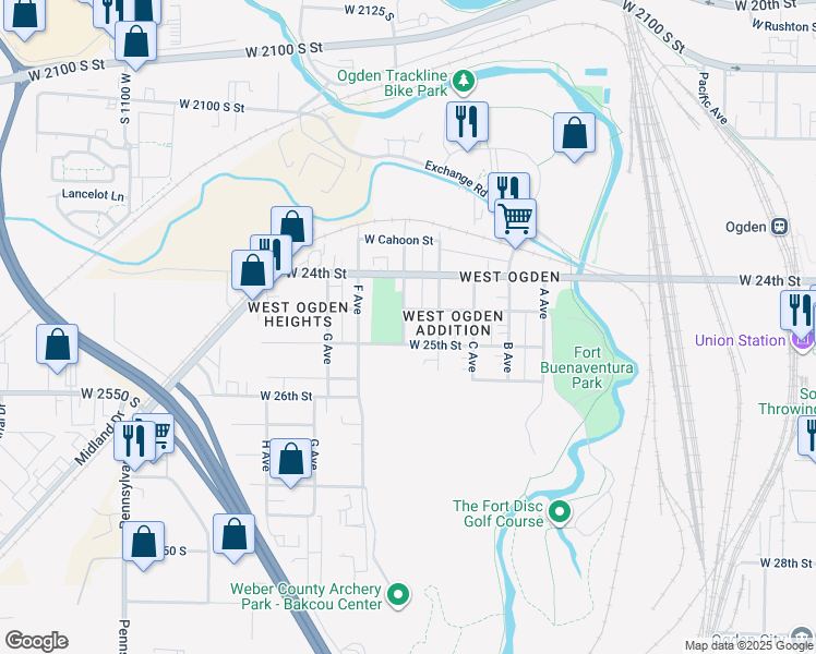 map of restaurants, bars, coffee shops, grocery stores, and more near 725 West 25th Street in Ogden