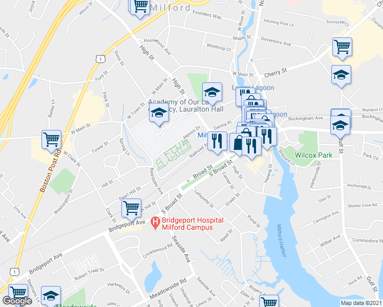 map of restaurants, bars, coffee shops, grocery stores, and more near 33 Railroad Avenue in Milford