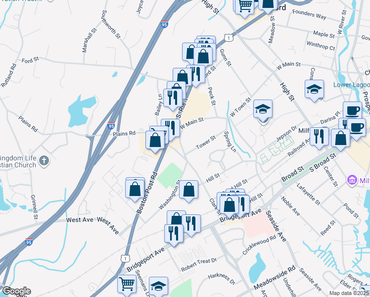 map of restaurants, bars, coffee shops, grocery stores, and more near 18 Tower Street in Milford