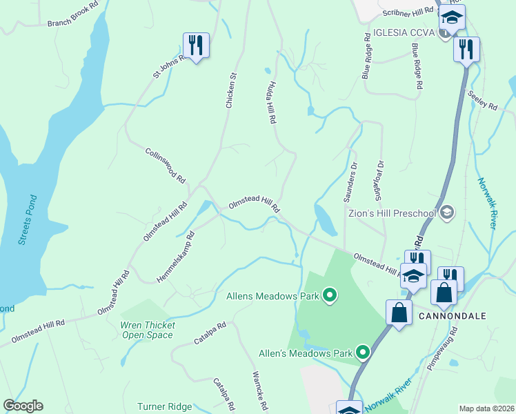 map of restaurants, bars, coffee shops, grocery stores, and more near 295 Olmstead Hill Road in Wilton