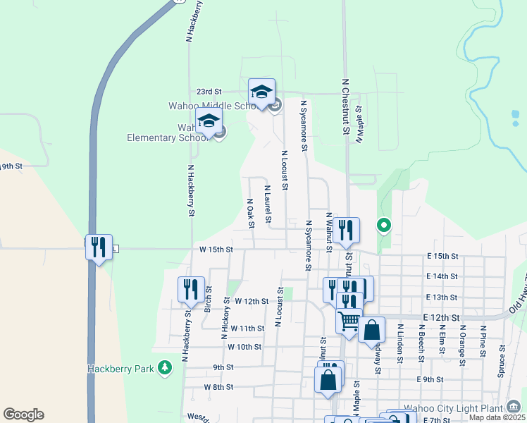 map of restaurants, bars, coffee shops, grocery stores, and more near 1653 North Laurel Street in Wahoo