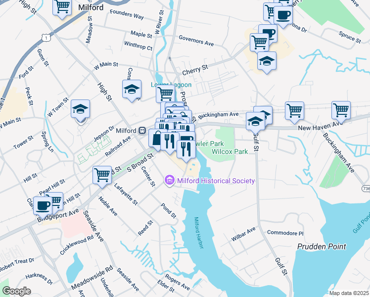 map of restaurants, bars, coffee shops, grocery stores, and more near 1 Schooner Lane in Milford