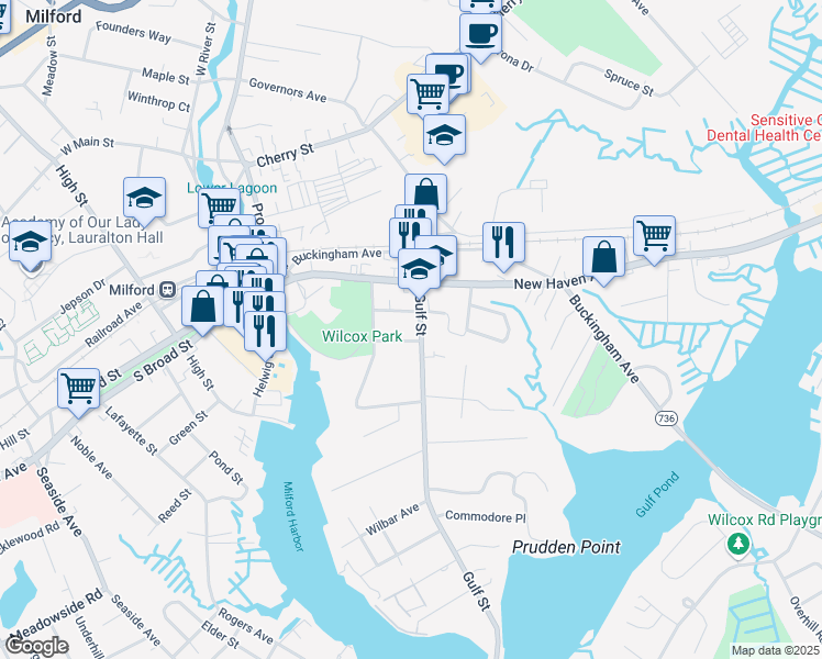 map of restaurants, bars, coffee shops, grocery stores, and more near 169 Gulf Street in Milford