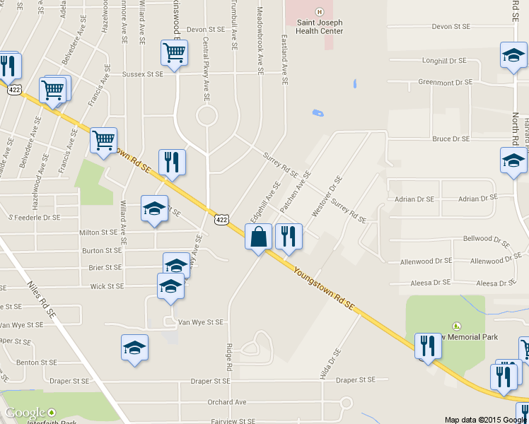 map of restaurants, bars, coffee shops, grocery stores, and more near 1523 Edgehill Avenue Southeast in Warren
