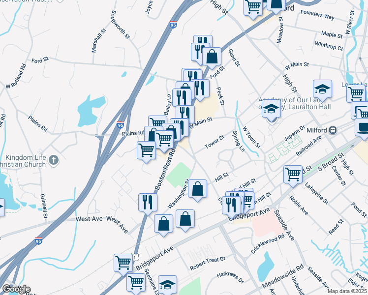 map of restaurants, bars, coffee shops, grocery stores, and more near 21 West Clark Street in Milford