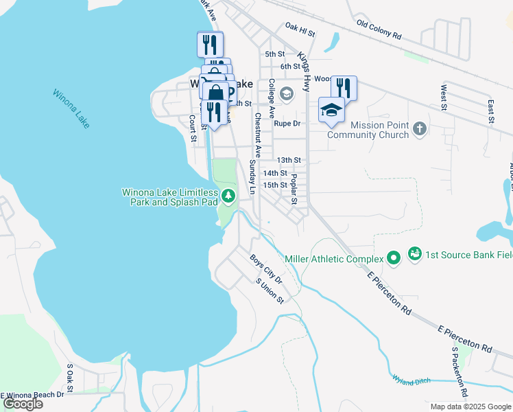 map of restaurants, bars, coffee shops, grocery stores, and more near 1604 Chestnut Avenue in Winona Lake
