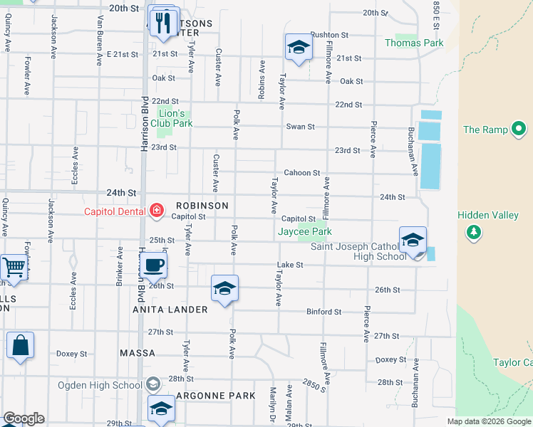 map of restaurants, bars, coffee shops, grocery stores, and more near 1464 Capitol Street in Ogden