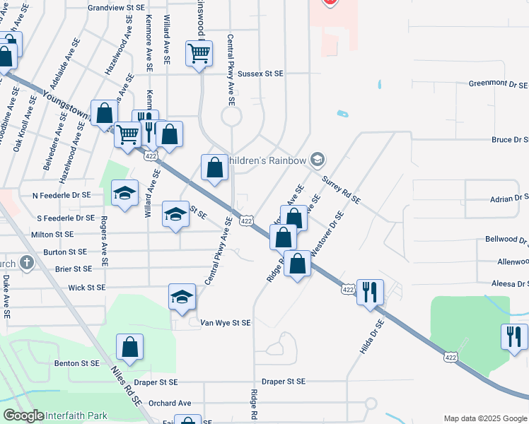 map of restaurants, bars, coffee shops, grocery stores, and more near 1499 Eastland Avenue Southeast in Warren