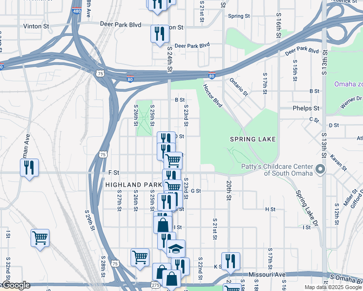 map of restaurants, bars, coffee shops, grocery stores, and more near 3918 South 23rd Street in Omaha