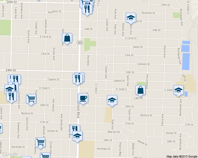 map of restaurants, bars, coffee shops, grocery stores, and more near 1308 Capitol Street in Ogden