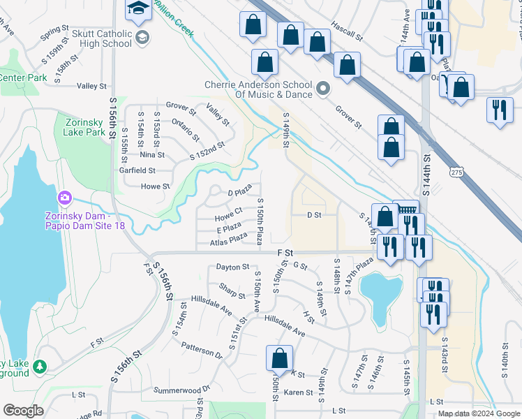 map of restaurants, bars, coffee shops, grocery stores, and more near 3969 South 150th Plaza in Omaha