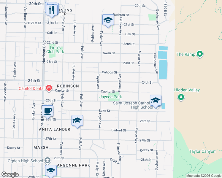 map of restaurants, bars, coffee shops, grocery stores, and more near 1554 Capitol Street in Ogden