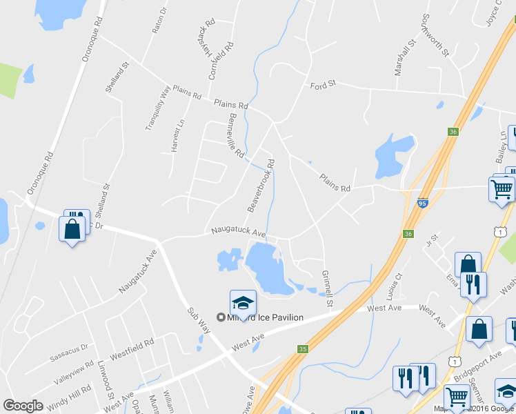 map of restaurants, bars, coffee shops, grocery stores, and more near 35 Beaverbrook Road in Milford