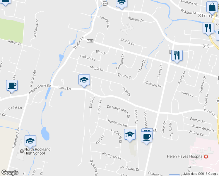 map of restaurants, bars, coffee shops, grocery stores, and more near 6 Burres Court in Stony Point