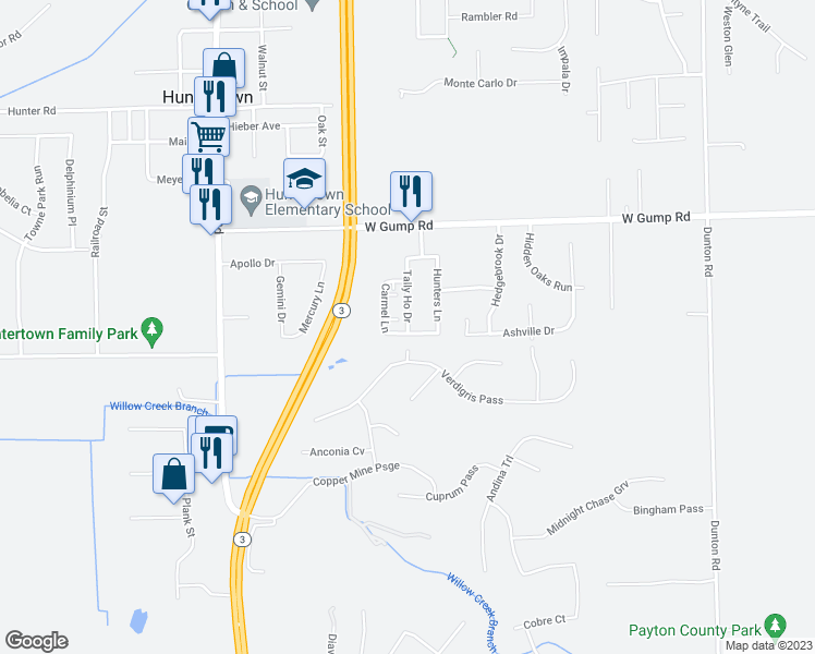 map of restaurants, bars, coffee shops, grocery stores, and more near 15018 Tally Ho Drive in Huntertown