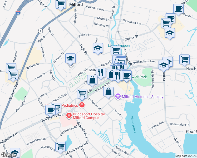 map of restaurants, bars, coffee shops, grocery stores, and more near 135 Broad Street in Milford
