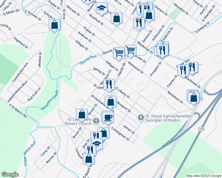 map of restaurants, bars, coffee shops, grocery stores, and more near 725 Hazle Street in Ashley