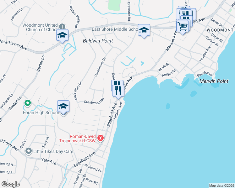 map of restaurants, bars, coffee shops, grocery stores, and more near 15 Merwin Avenue in Milford