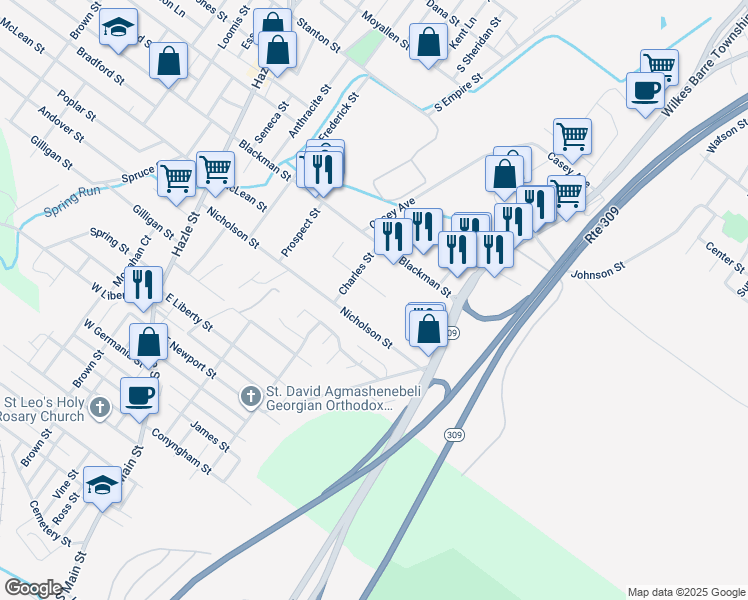 map of restaurants, bars, coffee shops, grocery stores, and more near 44 Ketchum Street in Luzerne County