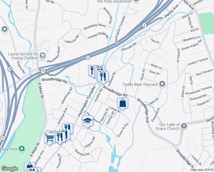 map of restaurants, bars, coffee shops, grocery stores, and more near 575 Broadbridge Road in Bridgeport