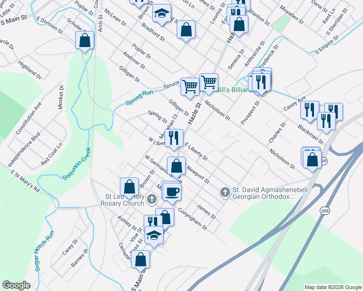 map of restaurants, bars, coffee shops, grocery stores, and more near 725 Hazle Street in Wilkes-Barre