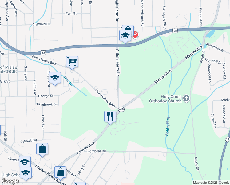 map of restaurants, bars, coffee shops, grocery stores, and more near 846 South Buhl Farm Drive in Hermitage