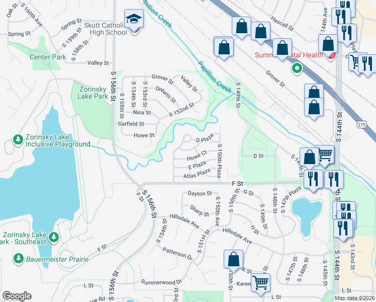 map of restaurants, bars, coffee shops, grocery stores, and more near 109 Howe Plaza in Omaha