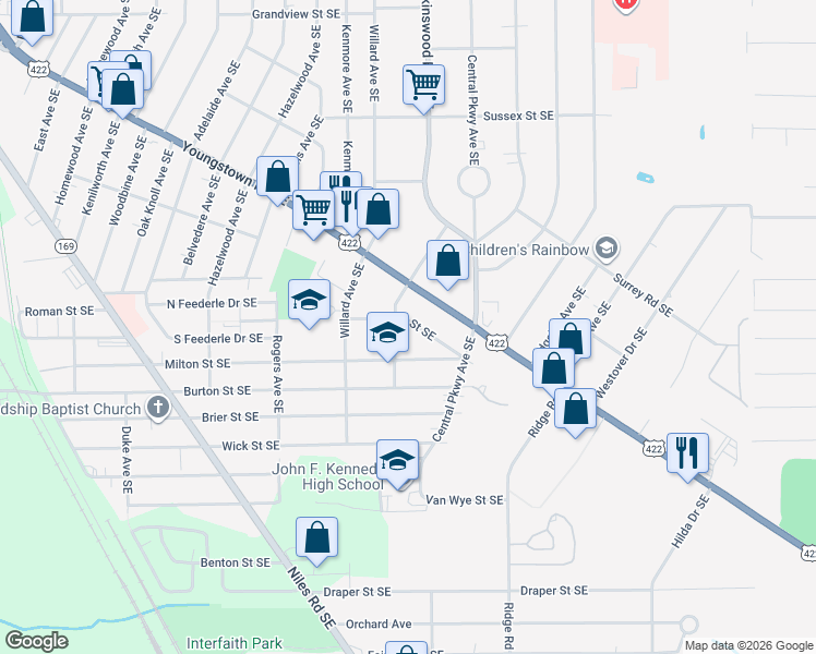 map of restaurants, bars, coffee shops, grocery stores, and more near 2726 Beck Street Southeast in Warren