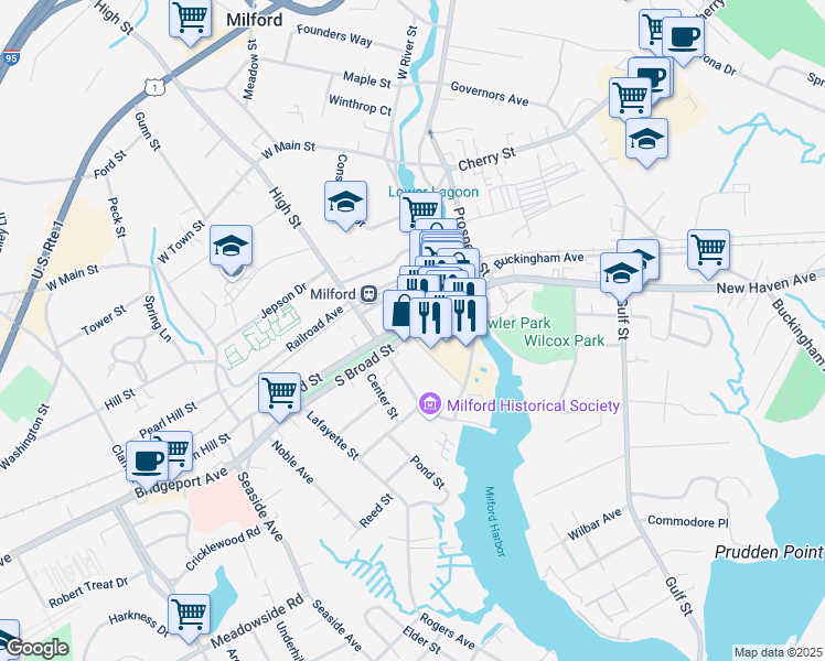 map of restaurants, bars, coffee shops, grocery stores, and more near 50 Broad Street in Milford