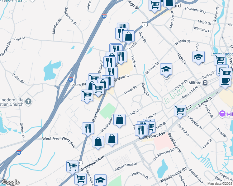map of restaurants, bars, coffee shops, grocery stores, and more near 21 West Clark Street in Milford