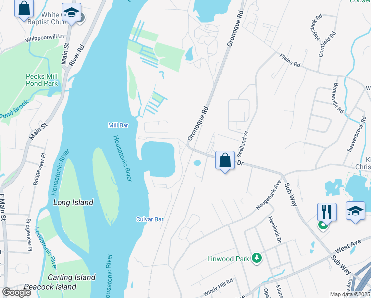 map of restaurants, bars, coffee shops, grocery stores, and more near 313 Popes Island Road in Milford