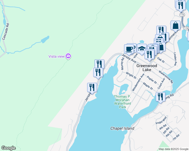 map of restaurants, bars, coffee shops, grocery stores, and more near 653 Jersey Avenue in Greenwood Lake
