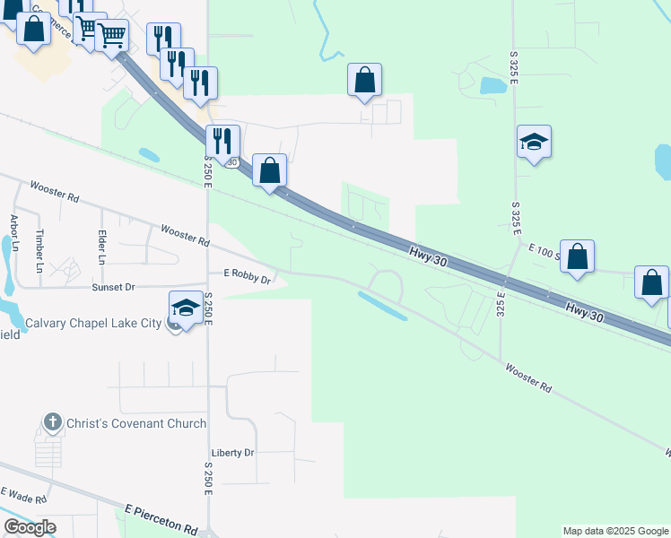 map of restaurants, bars, coffee shops, grocery stores, and more near 2834 Wooster Road in Warsaw