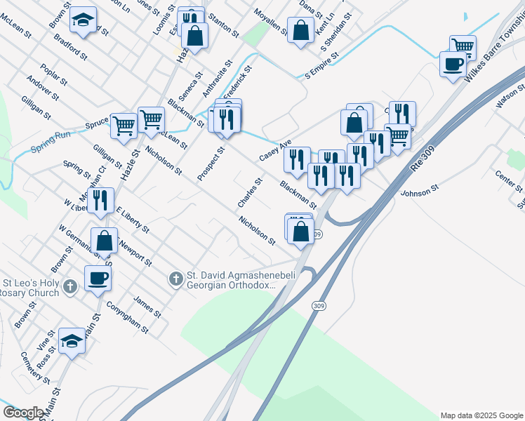 map of restaurants, bars, coffee shops, grocery stores, and more near 44 Ketchum Street in Luzerne County