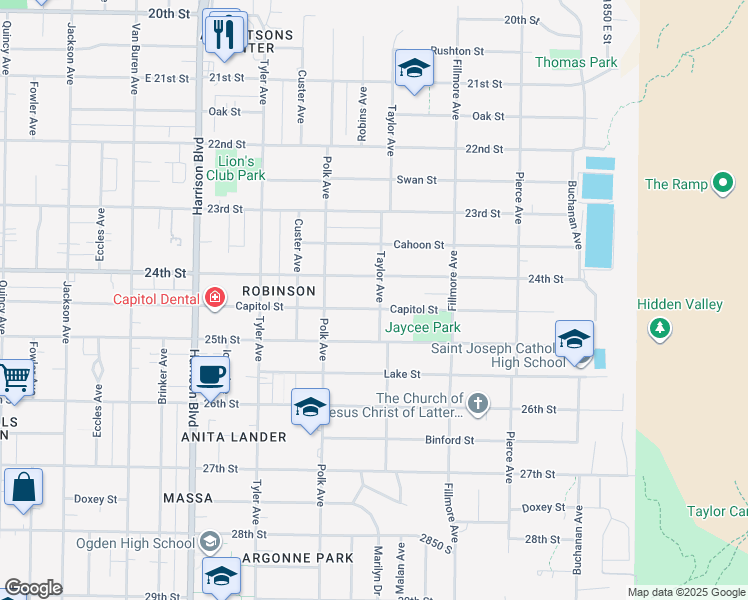 map of restaurants, bars, coffee shops, grocery stores, and more near 1492 Capitol St in Ogden