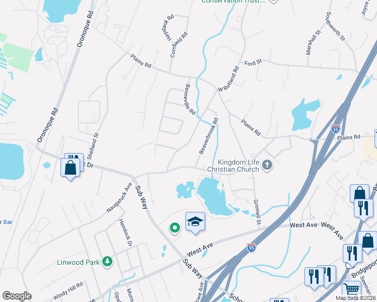 map of restaurants, bars, coffee shops, grocery stores, and more near 410 W Rutland Rd in Milford
