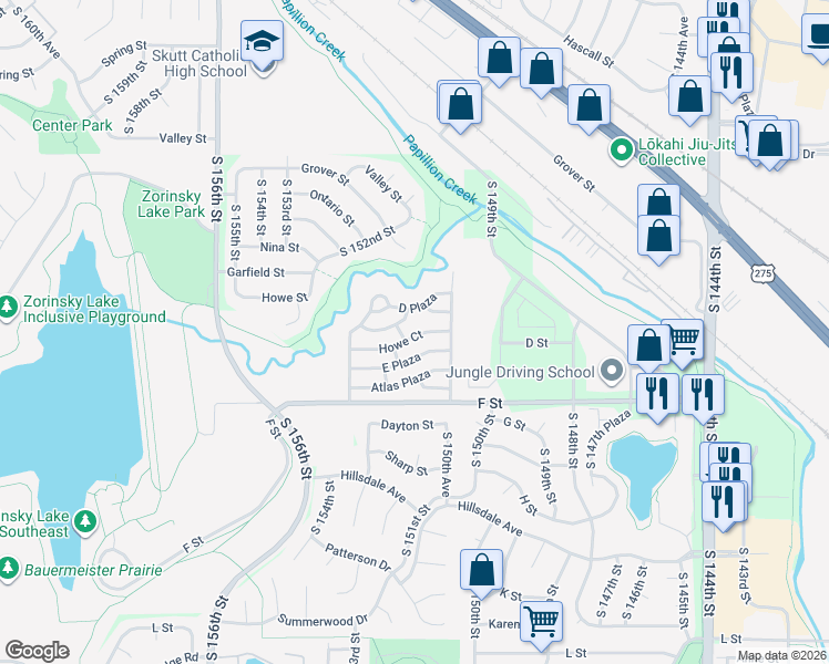 map of restaurants, bars, coffee shops, grocery stores, and more near 131 Howe Court in Omaha